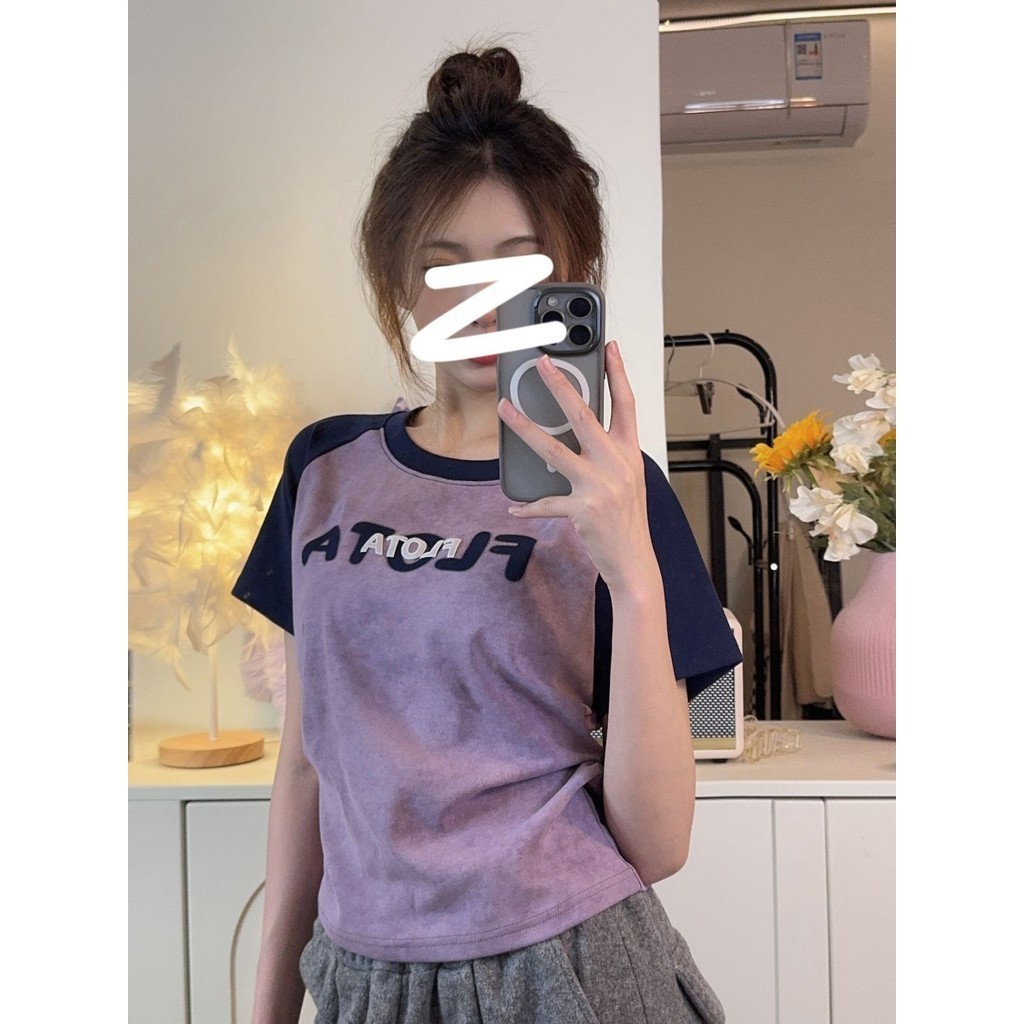 Tie Dyed Raglan Contrast Short Sleeved T-shirt Women 's Letter Short Top