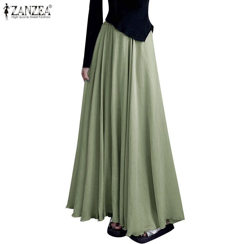 Zanzea ผู ้ หญิงเกาหลีหรูหราสบายๆเอวสูงเอวยางยืด A-Line กระโปรงยาวไม ่ มีกระเป ๋ า