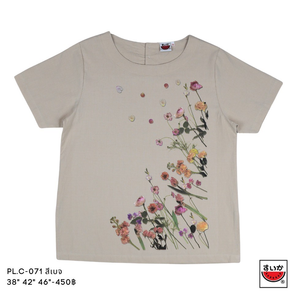 แตงโม (SUIKA) - เสื้อแตงโม คอปาดแขนสั้น ผ้าสลาฟ พิมพ์ลายดอกไม้ ( PL.C-071 115 113 112 118 110 114)