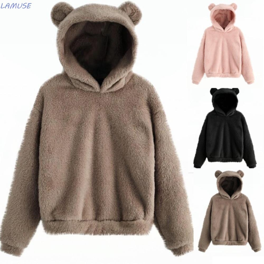 Lamuse หมีหู Hoodies, แขนยาวสีทึบ Plush Hoodies, Homewear เสื ้ อผ ้ า Outwear Fuzzy ขนแกะเสื ้ อกันหนาวฤดูหนาว