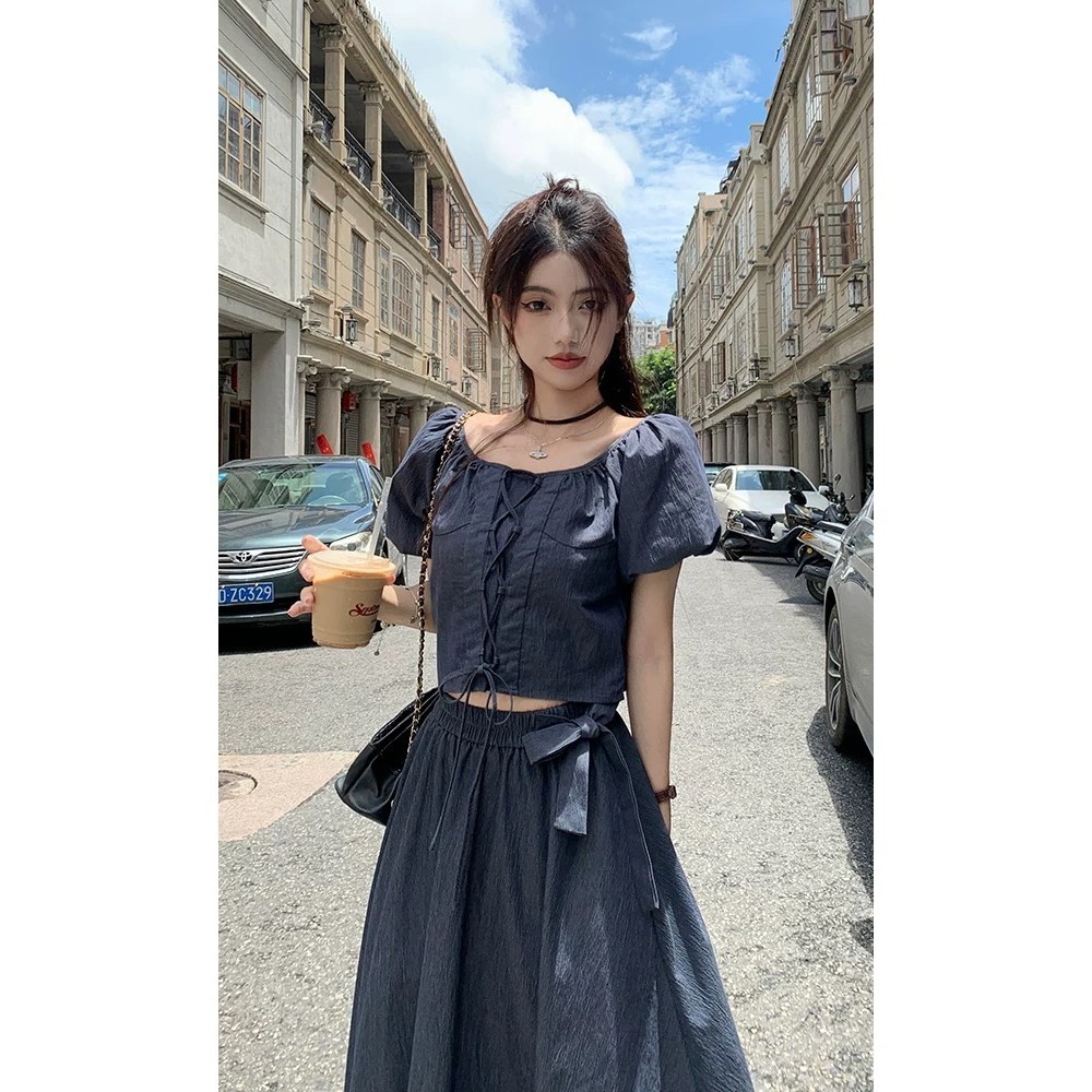 🔥【ขายแยก】เสื้อแขนพัฟ+กระโปรงยาว, เสื้อครอป หลวม สไตล์เกาหลี, S-2XL