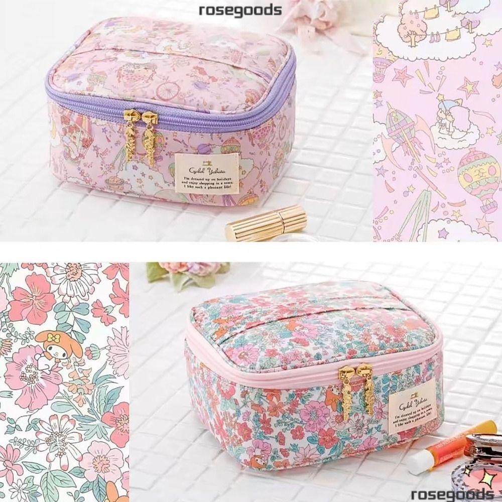 Rose Makeup , กระเป๋าเครื่องสําอาง Sanrio ความจุขนาดใหญ่, มัลติฟังก์ชั่นซิปกันน้ําพืชดอกแป้ง Organizer Travel