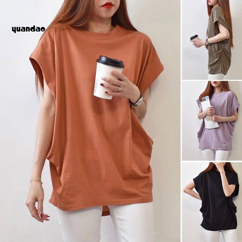 Yua_ สไตล์เสื้อแขนสั้นขี้เกียจไม่สม่ําเสมอ Tee สไตล์ไม่สม่ําเสมอ Pleats Tee เสื้อผู้หญิงหลวม Fit ฤดูร้อนขี้เกียจเสื้อสวมหัวสีทึบรอบคอ Raglan แขนสั้น