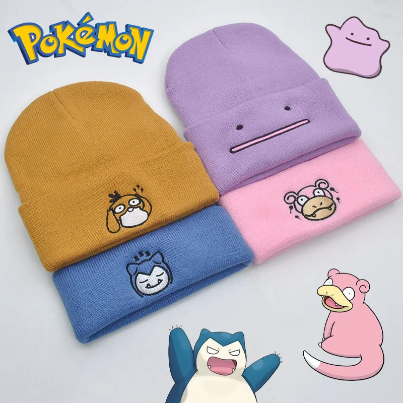 Pokemon Snorlax Ditto Psyduck Beanies ผู้หญิงฤดูหนาวหมวกอบอุ่นอะนิเมะสีทึบตลกเย็บปักถักร้อยหมวกสําหรับชายถัก Bonnet Unisex