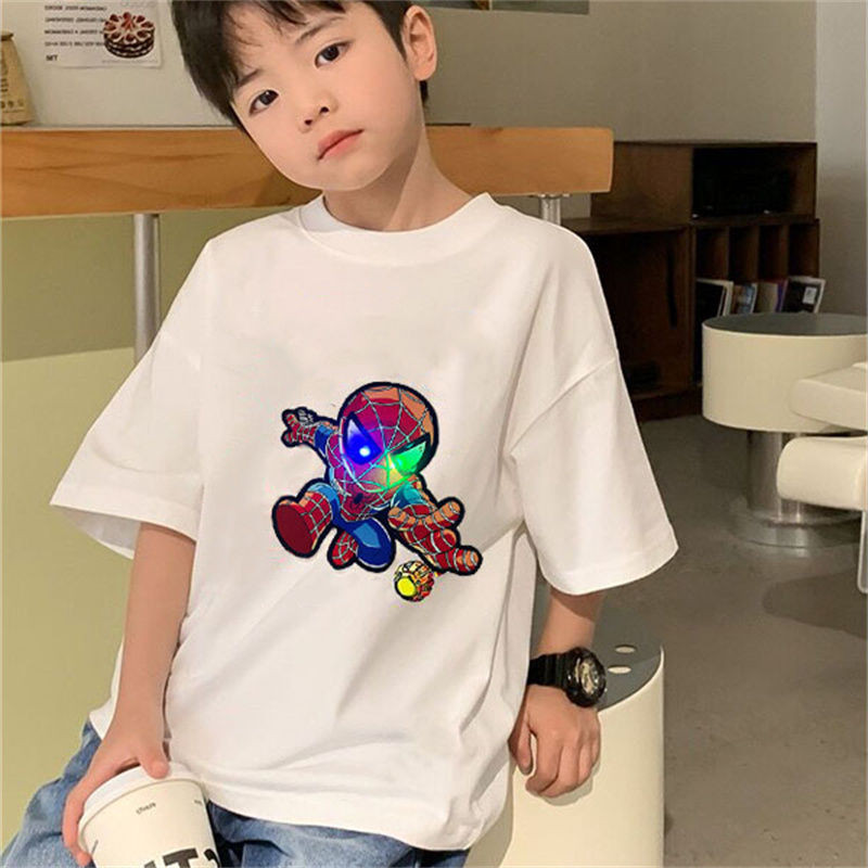 เด็กชายฤดูร้อนไฟเรืองแสง Spiderman Top เสื้อยืดแขนสั้นกลางเด็กเล็กแฟชั่นเด็กกระพริบ Street กระพริบการ์ตูน ADA