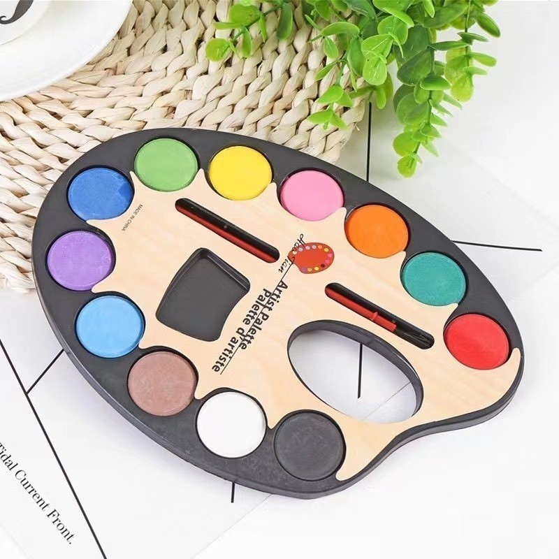 TT HOME ชุดระบายสีน้ำ สีน้ำ สีน้ำแบบแห้ง พร้อมจานสี 12สี แถมพู่กัน ศิลปะ สำหรับเด็ก จับถนัดมือ