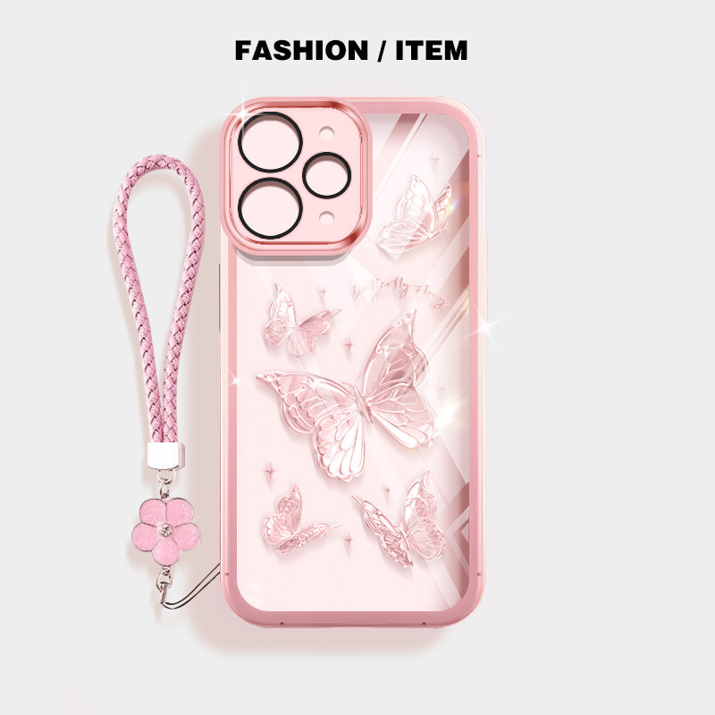 ผีเสื้อหรูหราเคสโทรศัพท์กันกระแทกสําหรับ Xiaomi Redmi 13 4G หมายเหตุ 13R Poco M6 4G ปลอกโปร่งใสป้องกันพร้อมเชือกแขวนดอกไม้