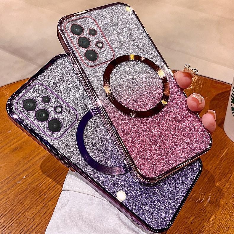 เคส Samsung A32 4G A32 5G A52 A72 เคสกลิตเตอร์ชุบหรูหรา เคสโทรศัพท์กลิตเตอร์ชุบพร้อมแม่เหล็กดูดและเลนส์ป้องกันการตกสําหรับครอบคลุมเต็มรูปแบบ เคสโทรศัพท์ Samsung A32 4G A32 5G A52 A72