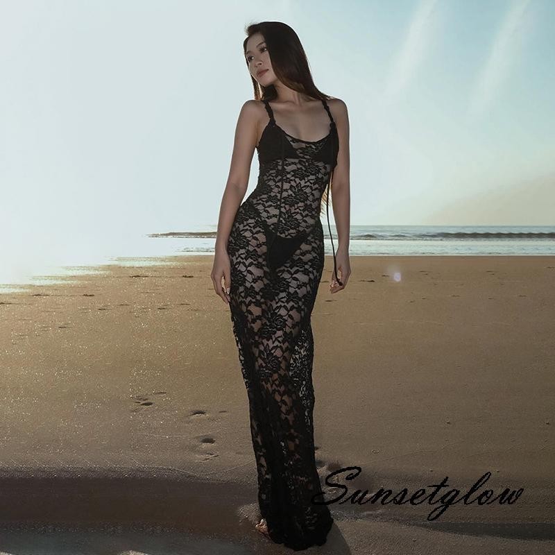 Sg/ผู้หญิงแขนกุดลูกไม้ชุดลําลองฤดูร้อน Sheer Bodycon Party Dress สําหรับวันหยุดค็อกเทลชายหาด Streetwear