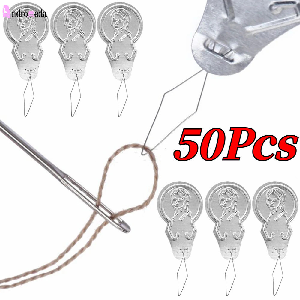 50 ชิ้น Silver Tone Wire Loop DIY เข็ม Threader Stitch ใส่มือจักรเย็บผ้าเครื่องมือ/ทนทาน Telescopic Quick เจาะรูเย็บปักถักร้อยอุปกรณ์