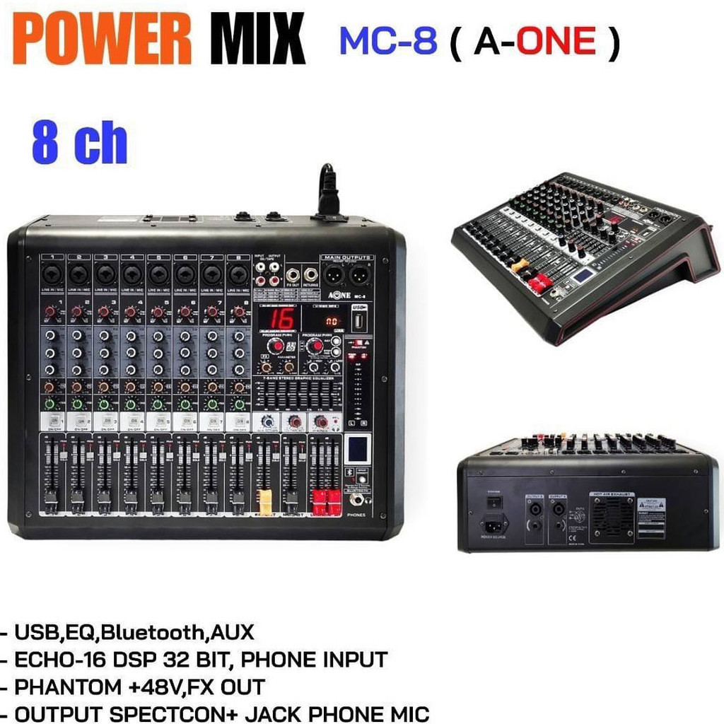 เพาเวอร์มิกเซอร์ ขยายเสียง 500W 8CH BLUETOOTH USB/SD CARD EFFECT 16DSP รุ่น A-ONE SMP-8D