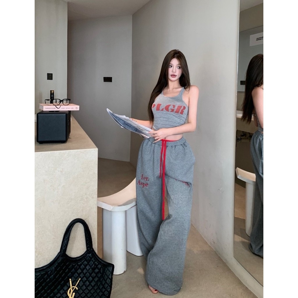 Liasynn สาวร้อนสไตล์อเมริกัน ins สไตล์ Slimmer ดู Slim-fit I-Shaped เสื้อกั๊ก Double-Stitch เอวหลวม Sweatpants ชุดสั่งซื้อแยก ~