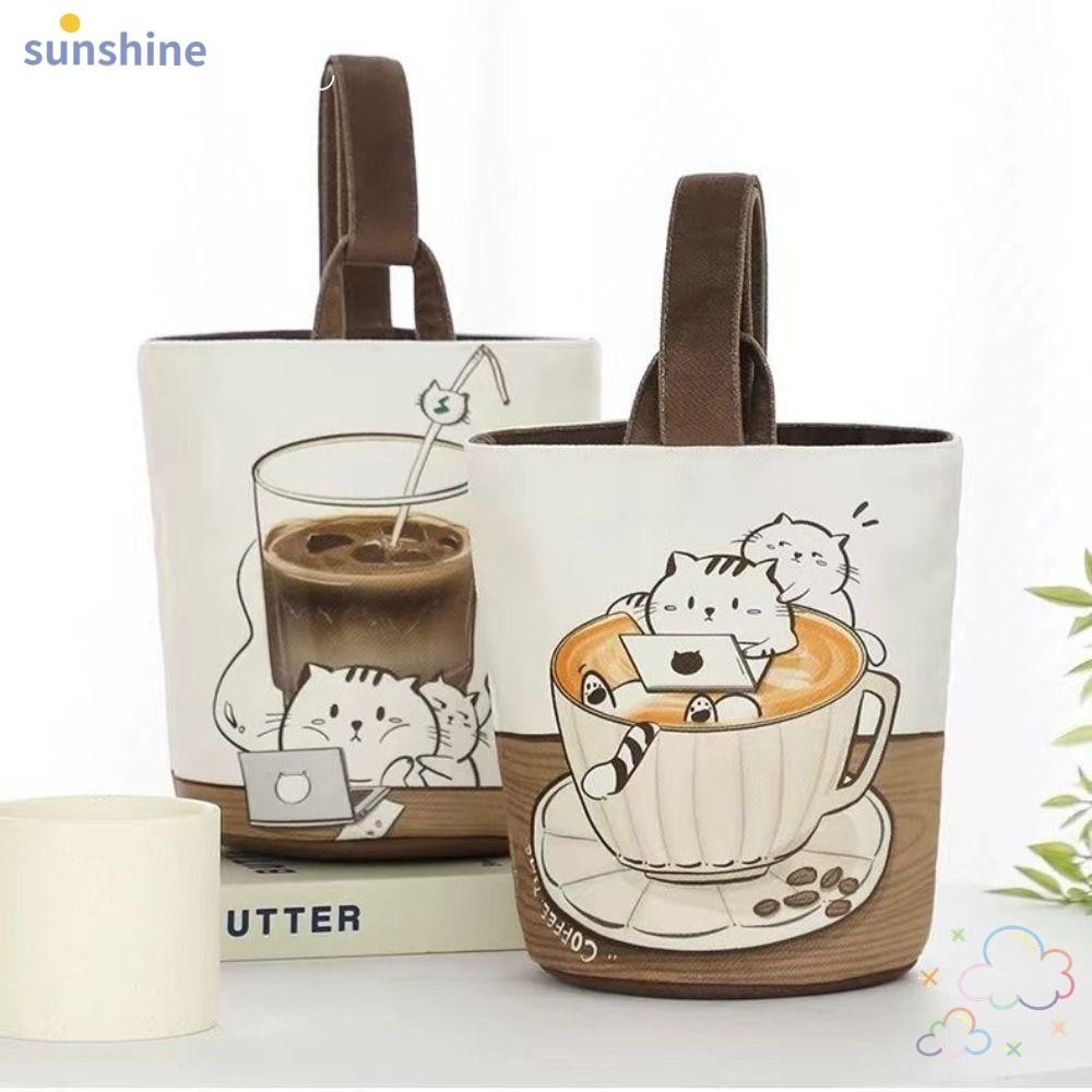 Ssunshine กระเป๋าทรงกระบอก,กระเป๋าถังแมวกาแฟพิมพ์ลายการ์ตูนแบบพกพา,กระเป๋าถือความจุขนาดใหญ่ Canva