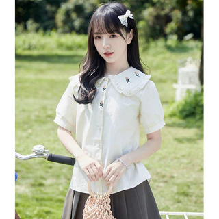 (ส่งจากกรุงเทพฯ)เสื้อเชิ้ตแขนสั้น เสื้อเชิ้ตแฟชั่นผู้หญิง คอกลม คาร์ดิแกน งานปัก ลายดอกไม้ ผ้านุ่ม สไตล์ลำลอง