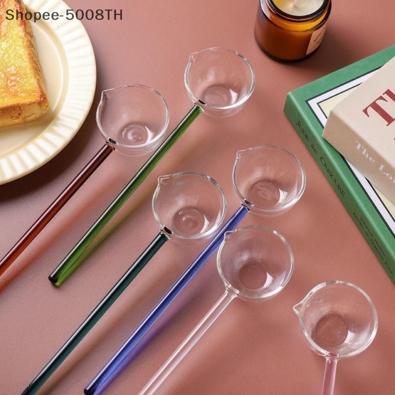 JIA ช้อนแก้ว Borosilicate ด้ามยาวโปร่งใสทนความร้อนซอสช้อนซุปพร้อม Spout ช้อนขนมหวานห้องครัว Bar Party {th}