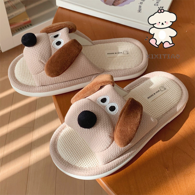 Xitiao น่ารัก Big-Eared Dog Soft-Soled ผ้าลินินสุภาพสตรีการ์ตูน Four Seasons Stepping on Shit รองเท้าแตะ