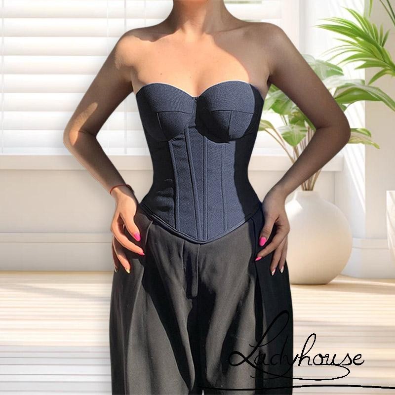 LDD Women Tube Tops สไตล์ Fishbone เบาะ Bustier สำหรับฤดูร้อน แบบ Backless Bandeau สไตล์ STREETWEAR