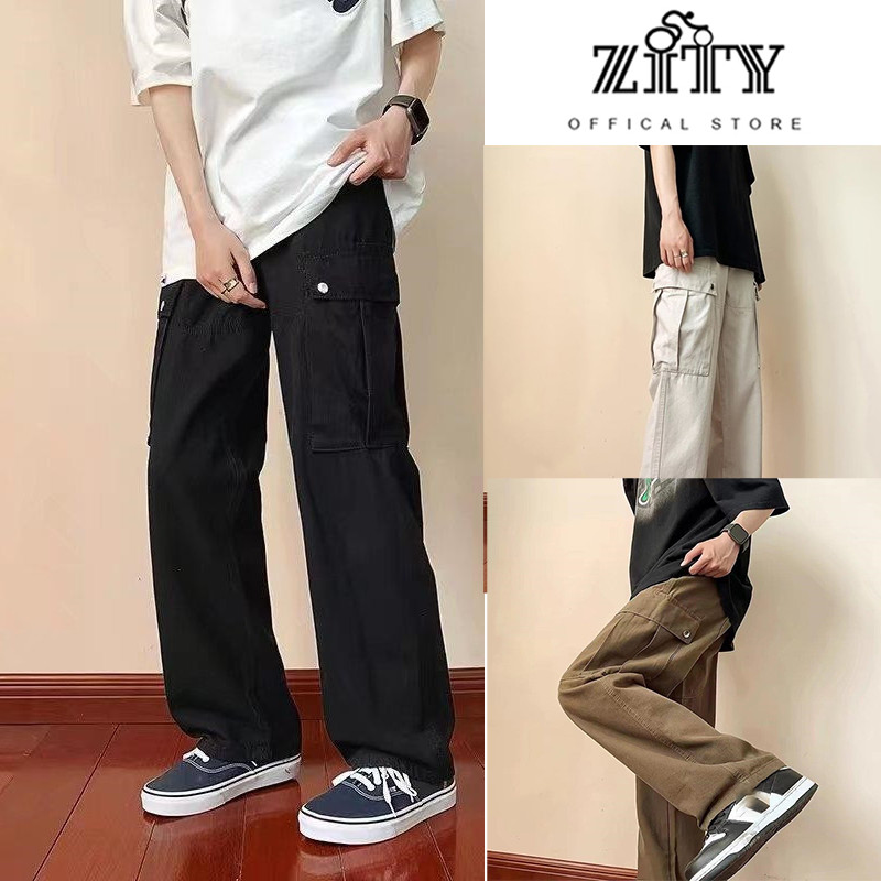 ZITY กางเกงคาร์โก้ขากว้างผู้ชาย กางเกงทรงตรงทรงหลวมลำลองอินเทรนด์ใหม่ High Street สำหรับผู้ชายพร้อมกระเป๋าขนาดใหญ่ กระเป๋าหลายใบ