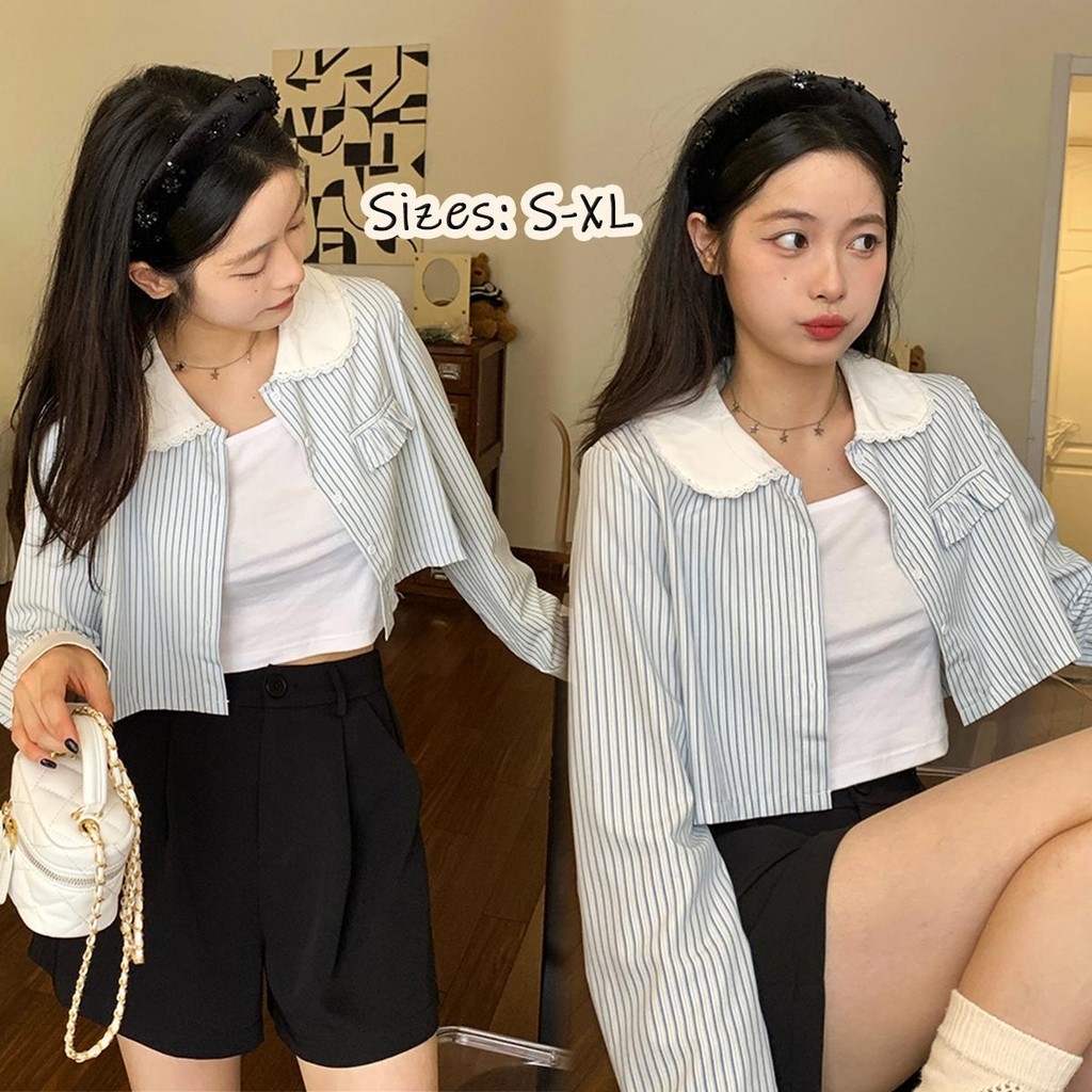 KOKO#เสื้อเชิ้ตผู้หญิงคอตุ๊กตาลายทางสีน้ำเงิน คาร์ดิแกนแขนยาวบางฤดูร้อน สไตล์สั้น#W571