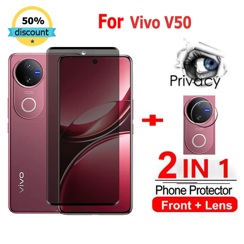 2 in 1 ฟิล์ม Vivo V50 ฟิล์มกระจกนิรภัยกันรอยหน้าจอ กันแอบมอง เพื่อความเป็นส่วนตัว สําหรับ Vivo V30 V27 V29 V50 V40 Lite V29e Y28 Y27S V27e Y78 Y27 Y36 Y100 V30e X90 X200 X100s Pro 5G ฟิล์มกันรอย กล้อง