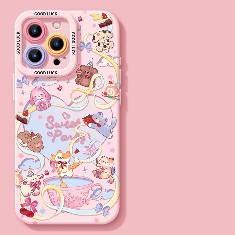 Iphone 16 15 14 13 12 11 Pro Max X Xr Xs Max 7 8 Plus SE2020 เคสโทรศัพท์การ์ตูนสีชมพูกระต่ายหวานหมี + Lanyard ปกอ่อน
