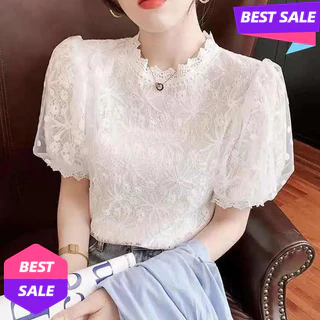 ลูกไม้สีขาวชีฟองปุ่มขึ้นเสื้อสําหรับผู้หญิงฤดูร้อนสบายๆที่เรียบง่ายหลวมครึ่งแขนสุภาพสตรีท็อปส์