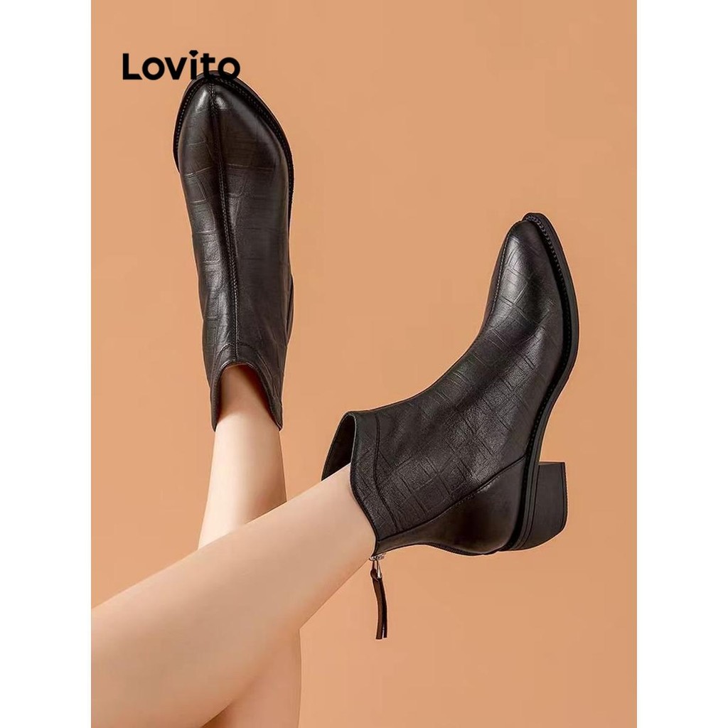 Lovito รองเท้าบูทหนังนิ่มส้นแหลมลายหินสไตล์เกาหลีสำหรับผู้หญิง LFA62295