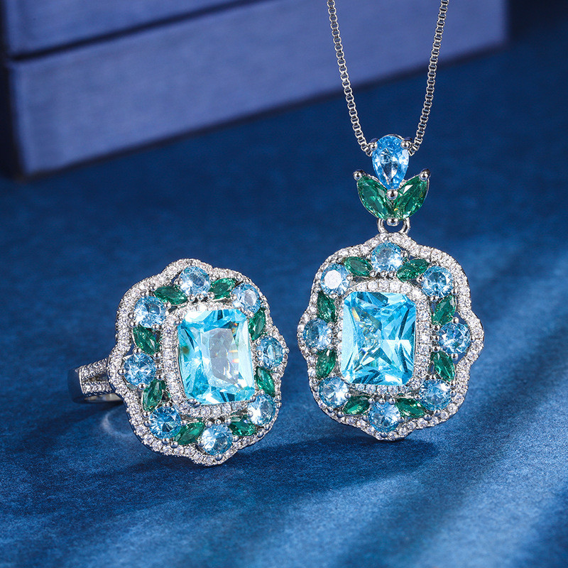 [MIJING] เครื่องประดับเพชรเต็มจําลองเคลือบทองบุษราคัมชุดสีฟ้าสไตล์ย้อนยุคสร้างสรรค์เพชรเต็มหรูหราชุด