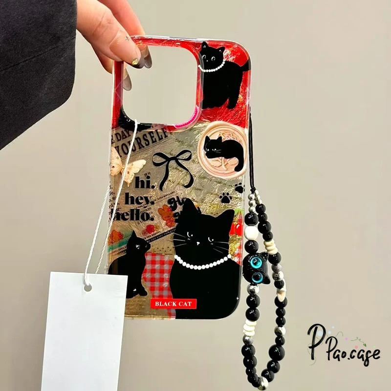 เข้ากันได้กับ เคสไอโฟน 11 15 13 16 12 14 Pro Max XR 16 14 15 7 8 Plus XS MAX X เคสสร้อยข้อมือรูปแมวสีดำสุดเท่สไตล์เรโทร ราคา ถูกที่สุด ดีลบีเคเค แกลเลอรีภาพที่ 4