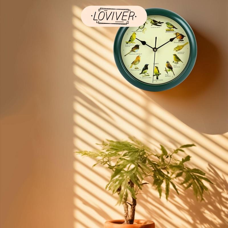 LOVIVER 25 ซม.นกดนตรีแขวนผนังนาฬิกาเสียงนาฬิกาแบตเตอรี่ขับเคลื่อนกรอบสีเขียวสําหรับบ้านไร่ในครัวเรือน