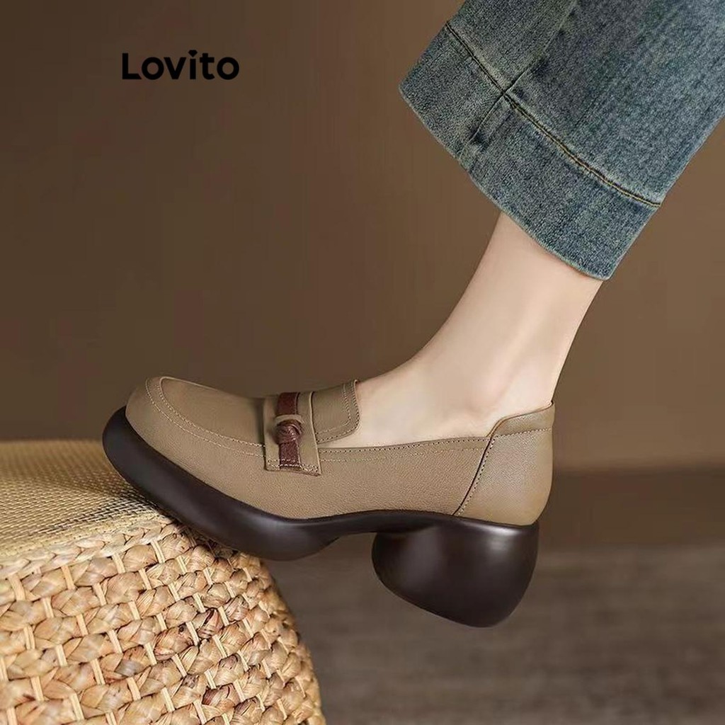 Lovito รองเท้าส้นสูงหัวกลมพื้นหนาสีพื้นหรูหราสําหรับผู้หญิง  LFA66318