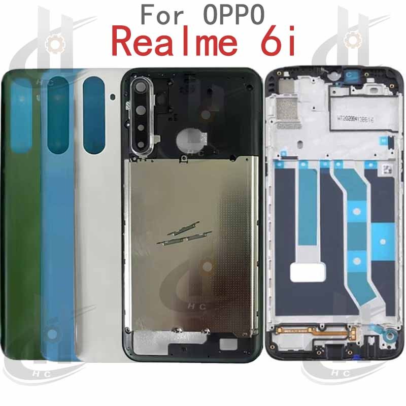 สําหรับ OPPO Realme 6i RMX2040 แบตเตอรี่ฝาหลังกรอบกลาง + ปุ่ม + กรอบด้านหน้า LCD + เลนส์กรอบกล้อง