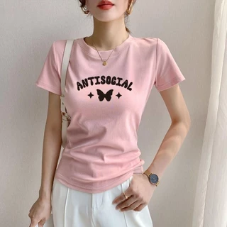 เสื้อยืดแขนสั้นผ้าฝ้ายพิมพ์ลายผีเสื้อแฟชั่นสตรี