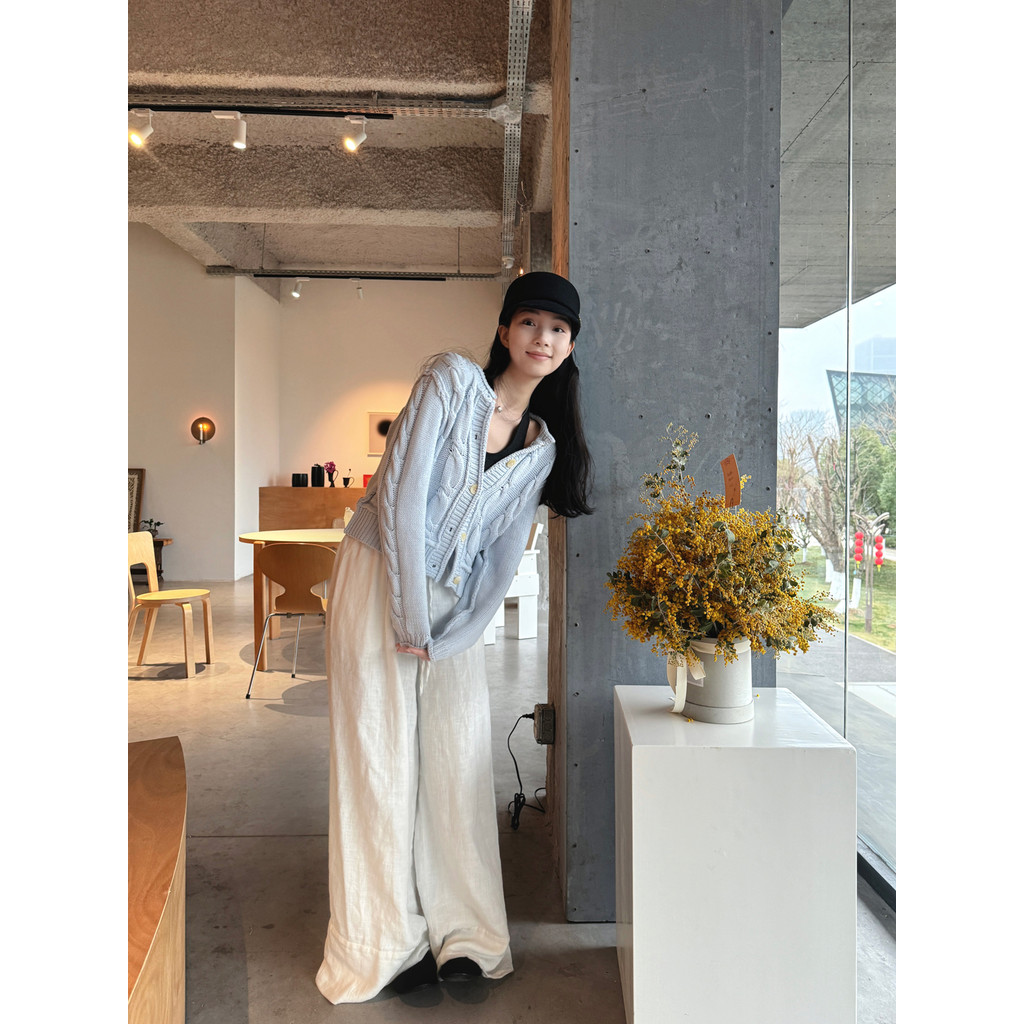 Luna Shop กางเกงลําลองผู้หญิง กางเกงขาตรงเชือกรูด หลวมๆ เรียบง่าย เนื้อผ้าบางใส่สบาย สไตล์เกาหลี 🍒 พร้อมส่ง 💕 - รูปที่ 4