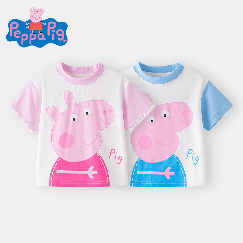Peppa Pig เสื้อยืดแขนสั้นฤดูร้อนใหม่สไตล์บางเด็กชายครึ่งแขน