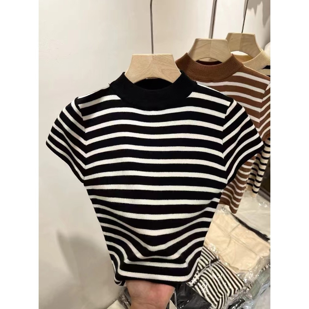 ชุดเสื้อสเวตเตอร์ถักขนสัตว์ลายทางคอเต่าครึ่งตัวแขนพลิ้วพอดีตัวเสื้อแขนสั้นสำหรับผู้หญิงชุดฤดูใบไม้ผล