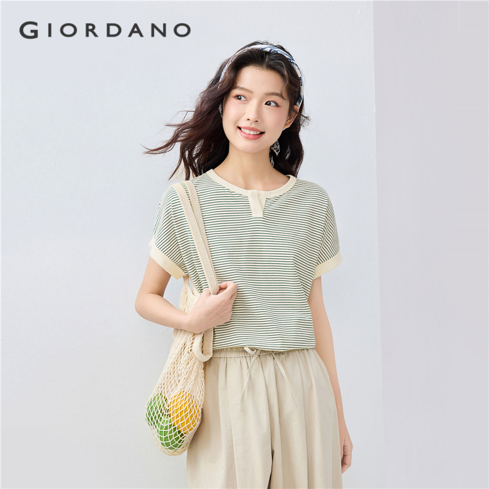 GIORDANO WOMEN 100% Cotton crewneck short sleeve stripe tee 13325209