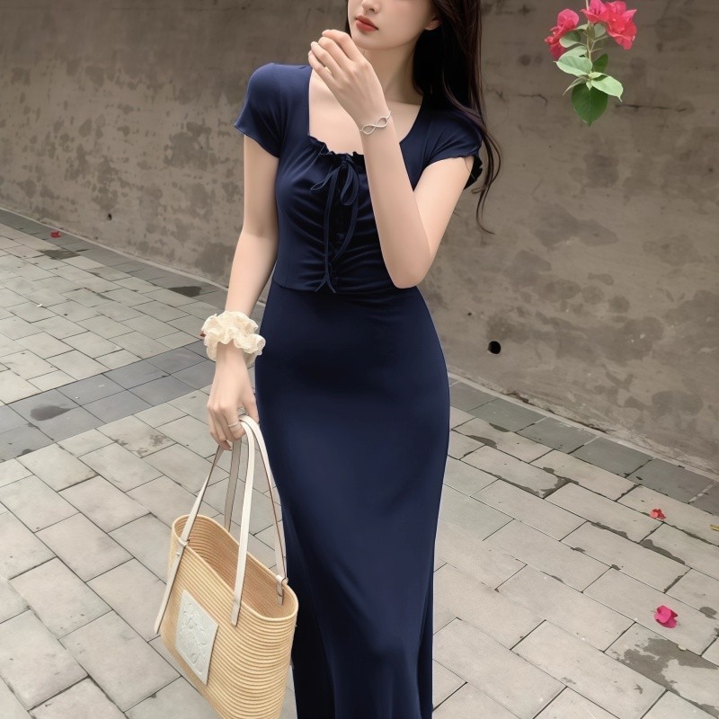 Kaekai พร้อมส่ง เดรสยาว คอยู แขนสั้น ดีไซน์สม็อคกลางอก เก๋ๆ ทรงสวยเข้ารูป ผ้าเรยอน ยืดๆ แบบทิ้งตัว ใส่สบายมาก - รูปที่ 4