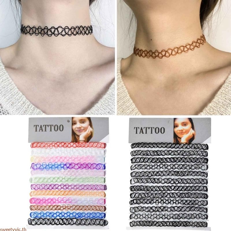 Sweetyvic 12 ชิ้น Vintage Hippy ยืด Tattoo Choker สร้อยคอยืดหยุ่น Chocker สร้อยคอพลาสติกสายตกปลา Tattoo N