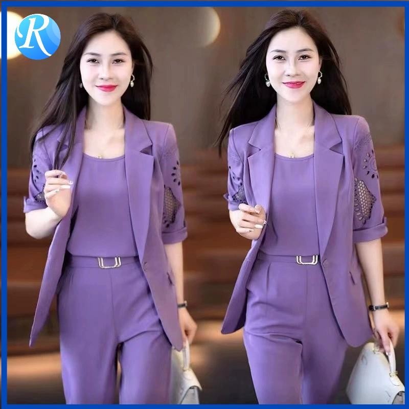 ชุดสูทสูท เสื้อสูท เสื้อกั๊ก กางเกง ทรงหลวม สามชิ้น สไตล์เกาหลี พลัสไซซ์ สําหรับผู้หญิง 2024