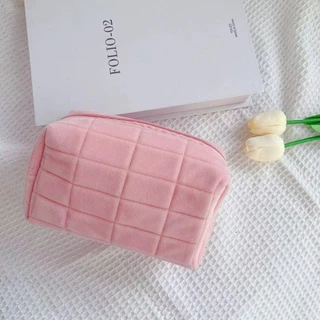 🎀ร้านไทยพร้อมส่ง🎀 กระเป๋าเครื่องสำอางค์ กำมะหยี่ กระเป๋าหมอน กระเป๋าดินสอ สไตล์ญี่ปุ่น ความจุขนาดใหญ่ ลายตาราง BAG04