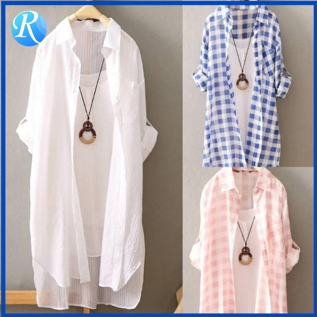เสื้อเชิ้ตแขนยาว ป้องกันแดด ความยาวปานกลาง ทรงหลวม แบบบาง ลายตารางหมากรุก แฟชั่นฤดูใบไม้ผลิ และฤดูร้อน สําหรับผู้หญิง