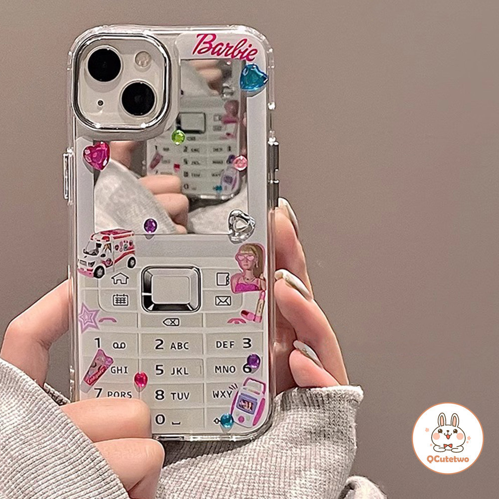 เคสโทรศัพท์มือถือ แบบกระจก ปิดด้านหลัง ลายสติกเกอร์เพชร บาร์บี้ แฟชั่น สําหรับ Iphone 11 14 15 12 13 Pro Max 7Plus 8Plus XR XS Max 7 8 SE