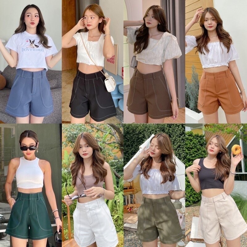 LoVinThai- กางเกงขาสั้นเอวสูงเดินด้ายเก็บทรง เย็บตะเข็บนอก เก็บพุง กางเกงขาสั้นผู้หญิง กางเกงขาสั้นใส่ทำงานสบายๆรุ่น