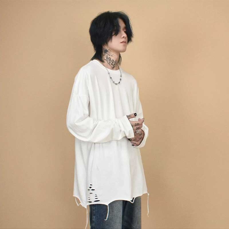 Ripped เสื้อยืดแขนยาวชายฤดูใบไม้ร่วงไม่สม่ําเสมอด้านในยาว T เสื้อผ้า Street สวมใส่ High Street Puffian หล่อหลวม Bottoming
