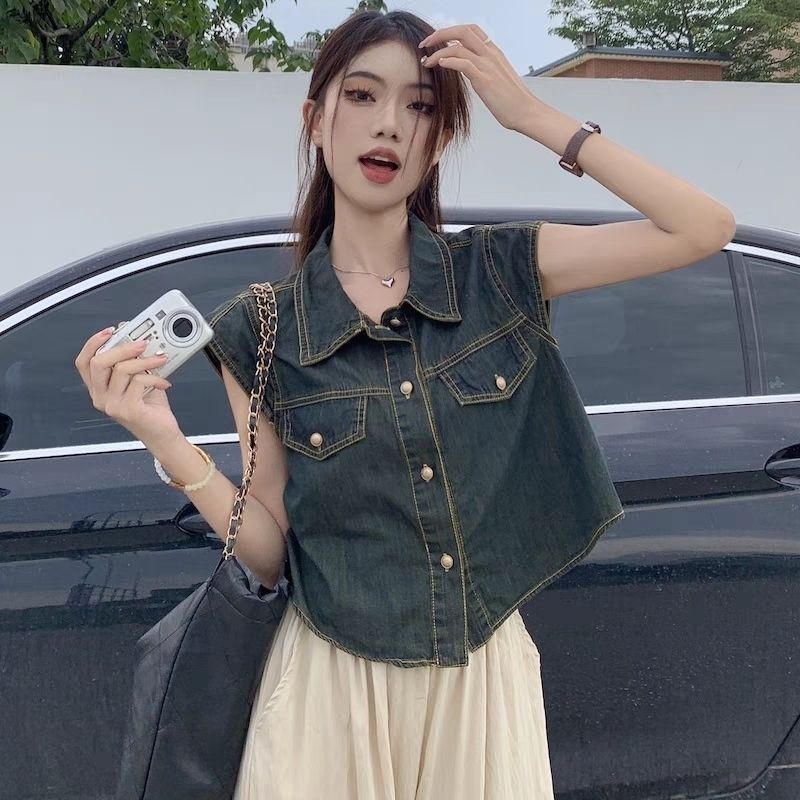 [MH ] Retro Denim เสื ้ อผู ้ หญิงฤดูร ้ อนขนาดเล ็ กLapelเสื ้ อออกแบบไม ่ สม ่ ําเสมอสั ้ นขนาดเล 