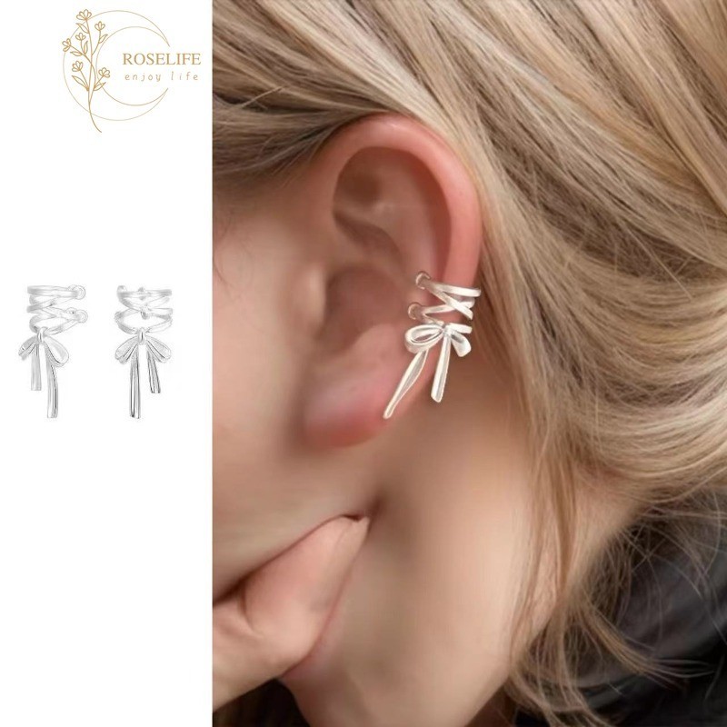 Roselife S925 เงิน Minimalist Gentle Lace-up Bow คลิปต ่ างหูผู ้ หญิง Pop Hypoallergenic ไม ่ เจาะหู Cuff เครื ่ องประดับแฟชั ่ นทุกวันอุปกรณ ์ เสริม