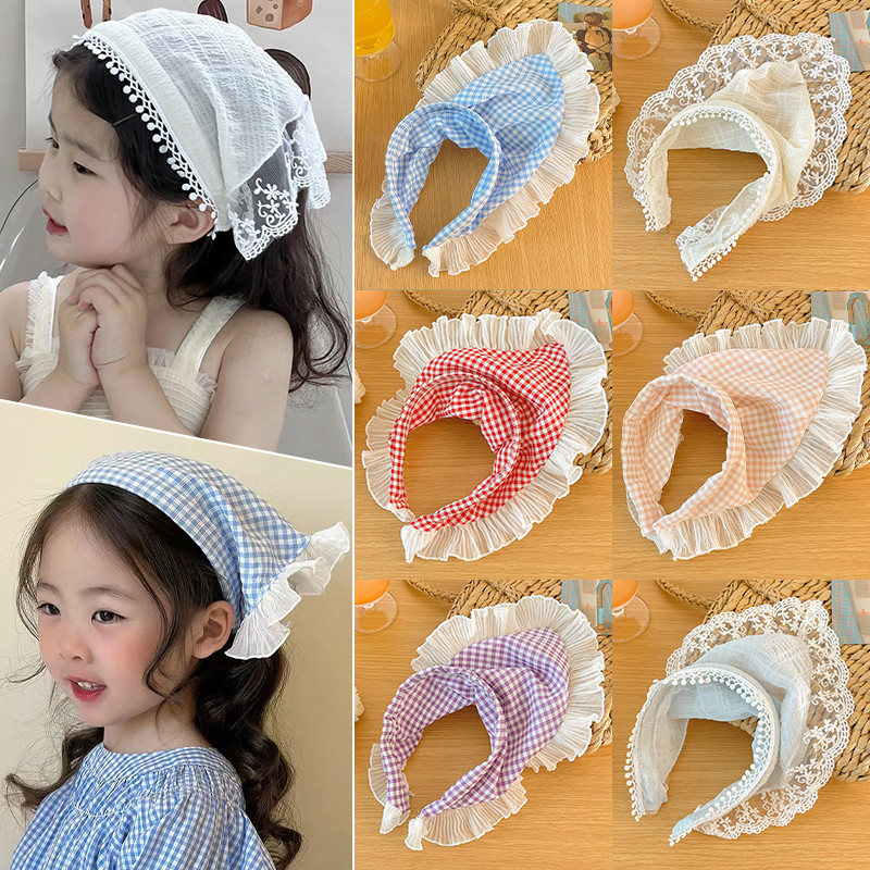 Pastoral สไตล ์ ลูกไม ้ ผ ้ าพันคอเด ็ กน ่ ารักลายสก ๊ อตสามเหลี ่ ยมผ ้ าพันคอ Hairband Photo อุปกรณ ์ เสริมผม