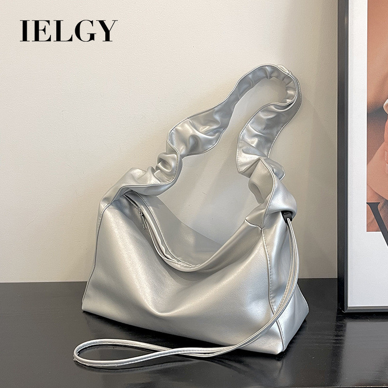 Ielgy Ladies Silver All-Match Underarm Cloud Bag Simple Pleated Fashionable One-Shoulder Dumpling Bag