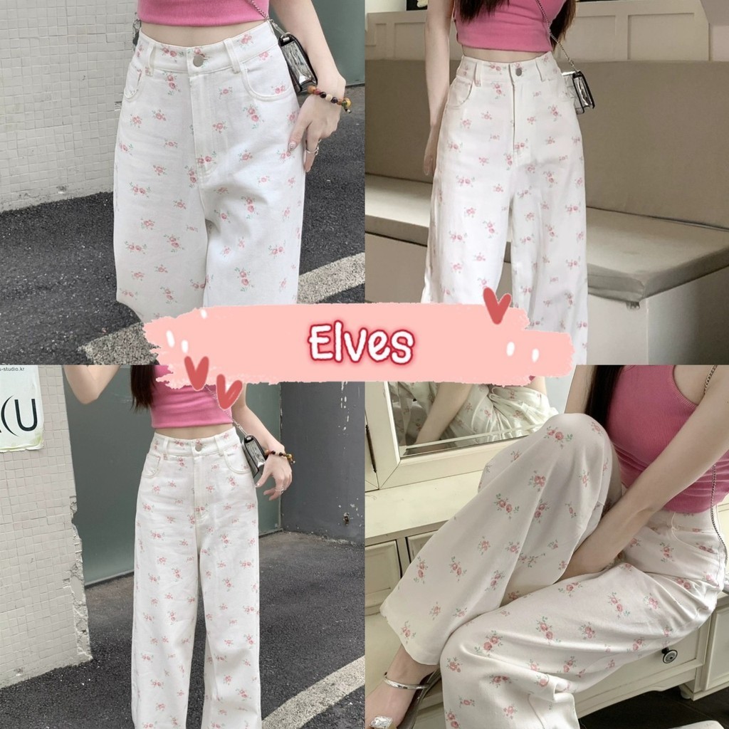 Elves✨พร้อมส่ง✨  กางเกงยีนส์ขายาว สีขาว ลายดอกไม้น่ารัก มินิมอลมาก ~2210~ -NZ